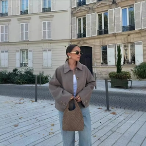 Women Short Woolen Jacket Polyester Lapel Single Breasted Loose Fit British Style Casual Commute Coat
