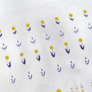 Minimalist 5D nail art stickers featuring yellow flowers and purple leaves patterns