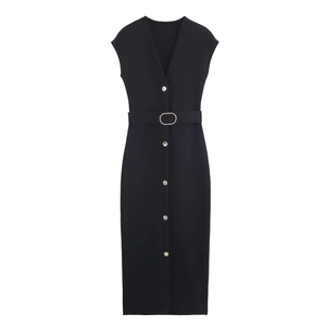 Elegant black sleeveless V-neck midi dress with front buttons and matching belted waistline