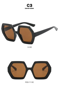 Detail view of hexagonal sunglasses with black frames and orange lenses from multiple angles