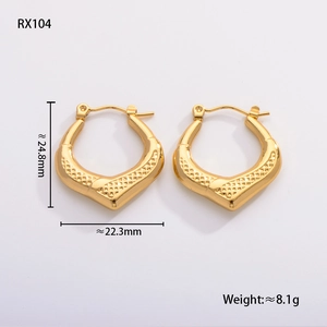 Detail view of gold geometric heart earrings with mesh texture and size dimensions
