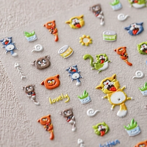 3D puffy cat stickers featuring cute kitten patterns and embossed fishbone designs