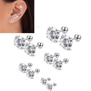 Cubic Zirconia Stud Earrings Stainless Steel Four Prong Screw Ball Back Cartilage Piercing Jewelry For Women Men