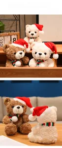 Detail of Christmas teddy bears in red scarves and hats sitting on a wooden shelf