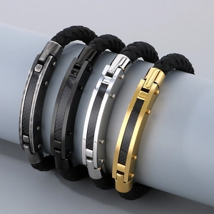 Men's braided leather bracelet with stainless steel accents and carbon fiber inlay