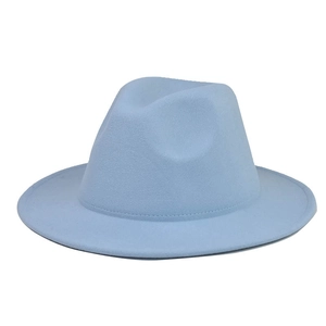 Close-up of light blue wool felt fedora hat showing smooth texture and flat brim design