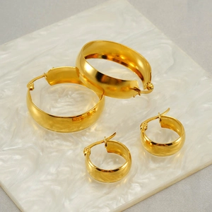 Stainless Steel Hoop Earrings 18K Gold Plated Wide Polished Minimalist Retro Fashion Jewelry For Women
