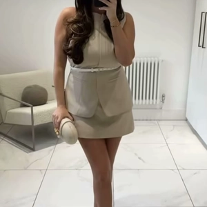 Sleeveless Top And Mini Skirt Elegant Commute Office Style With White Belt Polyester Apricot For Women