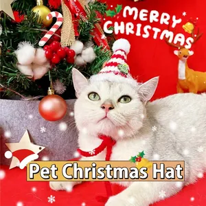 Knitted Pet Christmas Hat And Collar Woolen Star Pom Pom Decor For Cats Small Dogs Holiday Party Costume Accessories