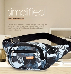 Detail of waterproof camouflage tactical waist bag with adjustable strap and sport logo