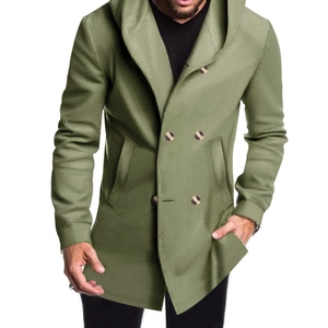 Detail of military green hooded trench coat featuring double-breasted buttons and side pockets