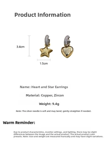 Detail view of heart and star zircon earrings with dimensions and material specs