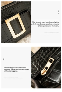 Detailed view of crocodile texture leather, gold metal buckle, and smooth zipper