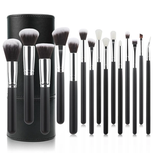 Pinceaux De Maquillage Professionnels Manche En Bois Fibre Synthétique Virole Argentée Étui De Rangement En Cuir