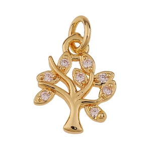 Macro detail of a gold plated tree of life charm with sparkling cubic zirconia leaves