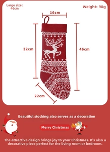 Detailed size specifications for red knitted Christmas stocking with reindeer pattern