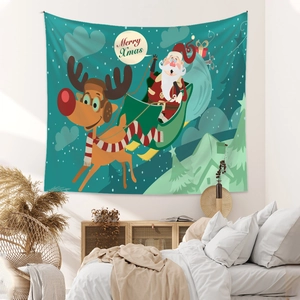 Detail view of Santa Claus and reindeer on a mint green Christmas tapestry wall hanging