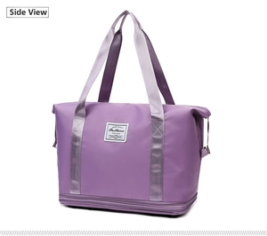 Side view of purple waterproof travel bag with bottom zipper storage and fashion label