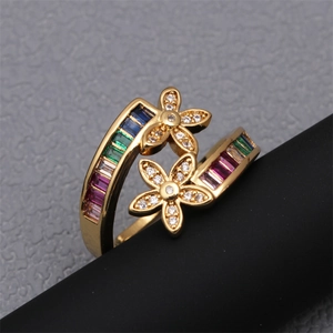 Gold floral open ring with multicolored zircons and micro-pave crystals for women