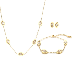 Elegant 18K gold plated teardrop white glass necklace bracelet and earrings jewelry set
