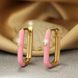 Geometric Rectangular Enamel Hoop Earrings Copper With Zircon Inlay Fashion Women Jewelry Colorful Gold Plated