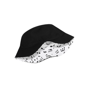 Detail view of double-sided bucket hat with music note print and breathable cotton fabric