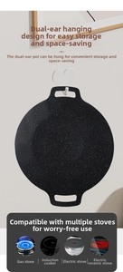 Detail of stone coating pan with dual handles and icons showing multi-stove compatibility