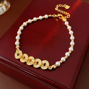 Imitation Artificial Pearl Beaded Bracelet Zircon Pave Interlocking Rings Copper Adjustable Hand Jewelry For Women Retro Elegant