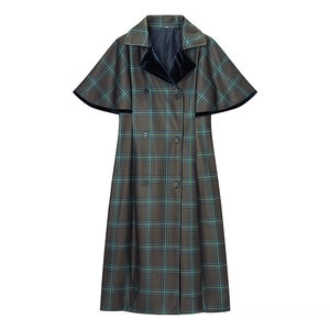 Cappotto Mantella A Quadri Da Donna Giacca Lunga In Lana Con Collo In Velluto Doppio Petto Stile Retro Britannico