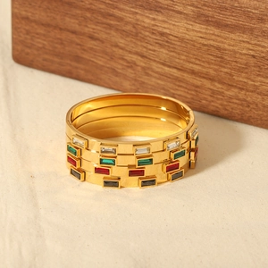 Retro 18K gold plated stainless steel bangles with colorful zircon stones set in a stack