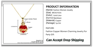 Detailed size chart showing red heart zircon cross pendant with 49cm gold chain dimensions