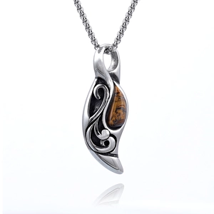 Nordic teardrop tiger eye stone pendant necklace with silver stainless steel chain
