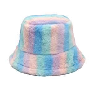 Detailed macro view of colorful pastel rainbow faux fur texture on this bucket hat