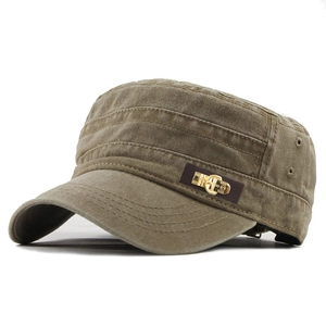 Classic washed cotton cadet cap in khaki with vintage metal buckle and leather patch