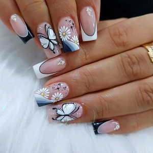 Press On Nails Rhinestone Butterfly Floral Daisy Simple French Style Sweet Cool Fashion Medium Long Square Shape For Women