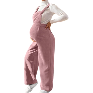 Pink corduroy maternity overalls with high-waist support and adjustable straps