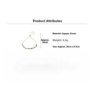 Detail view of multi-color zircon rhombus stones on a gold copper adjustable bracelet
