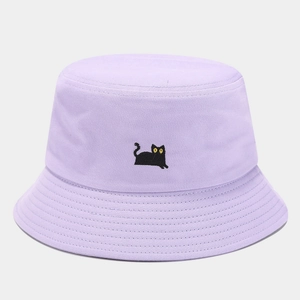 Close-up of lavender cotton bucket hat with black cat embroidery and reinforced stitching