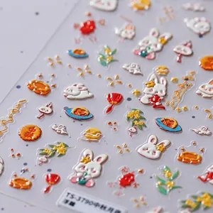 Stickers ongles 5D Mid-Autumn avec lapin 3D, lune et lanternes en relief doré