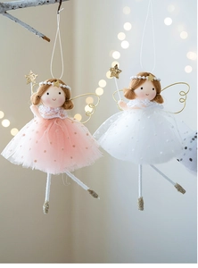 Detailed view of pink and white fairy angel ornaments with mesh wings and sequins