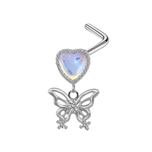 Detailed L-shaped nose stud featuring a heart opal and hollow butterfly pendant with zircons
