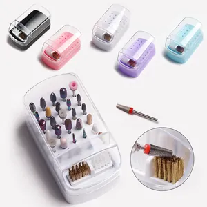Nail Drill Bit Storage Box Multi-Hole Organizer Case With Nylon And Brass Cleaning Brushes Dustproof Manicure Display
