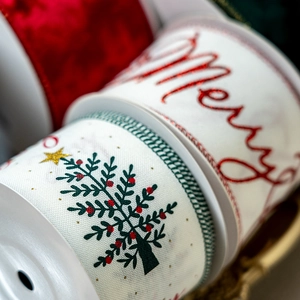 Red velvet Christmas ribbons with Merry print and green trees for gift wrapping decor