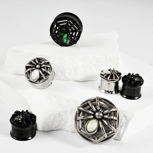 Spider web stainless steel ear plugs with abalone shell in black and silver