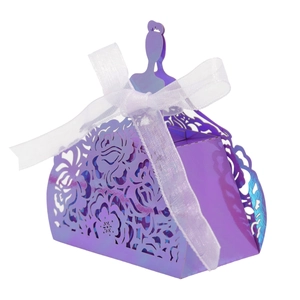 Macro shot of purple hollow-out laser cut gift box in elegant princess dress shape