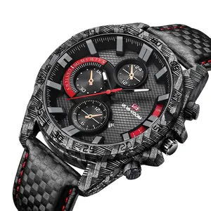 Men's outdoor sports watch with carbon fiber case and black leather strap featuring red stitching