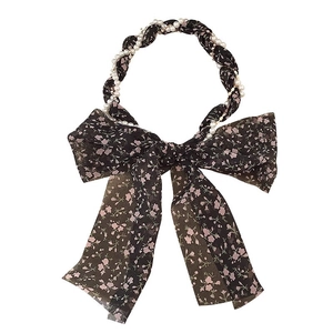 Floral print chiffon headband with elegant bow and decorative white pearl chain detail