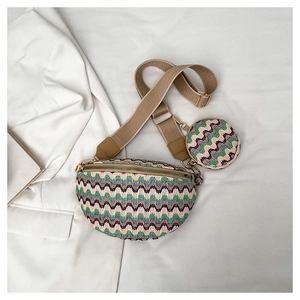 Detail of colorful wavy knit crossbody bag and round coin purse with gold hardware
