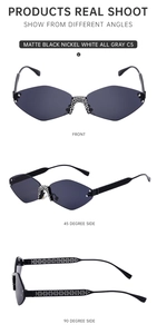 Three-angle views of rimless sunglasses with rhinestone bridge and sleek metal temples