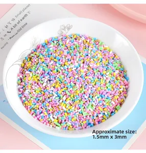 Détail macro de vermicelles colorés en pâte polymère 1,5x3mm dans un bol floral blanc